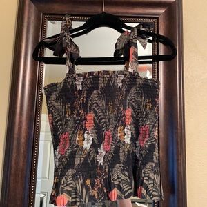 Rebecca Minkoff  DOLLY Smocked Peplum Top Hawaiian Black Multi S Tank Bows